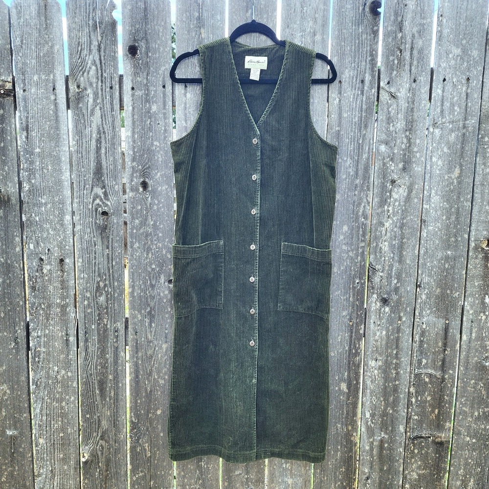 Vintage Eddie Bauer Dress Womens S/P Green Corduroy Dark Academia Quiet Luxury